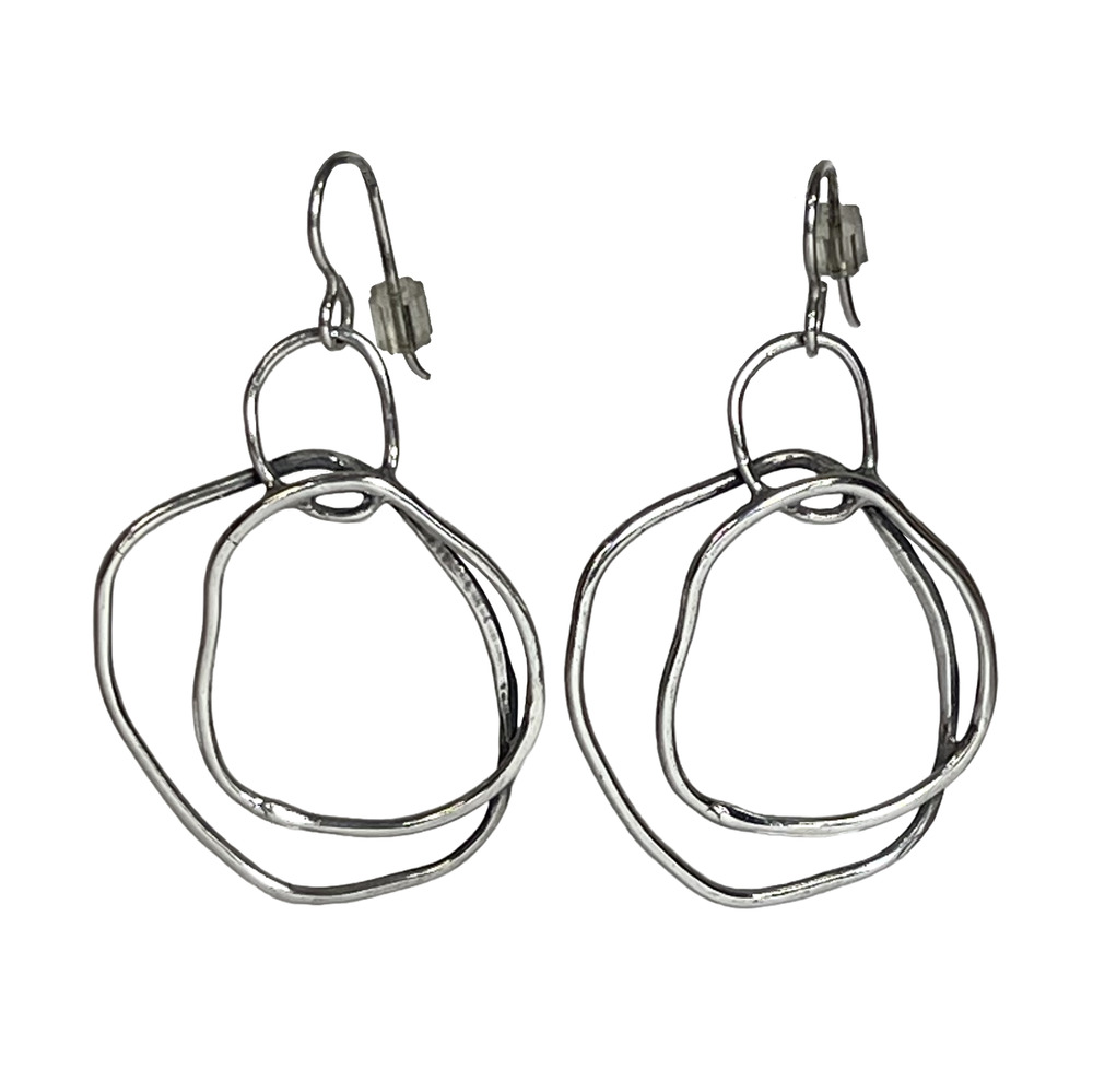 Artisan Double Circle Wire Earrings Vintage Oxidized Sterling Silver Handcrafted